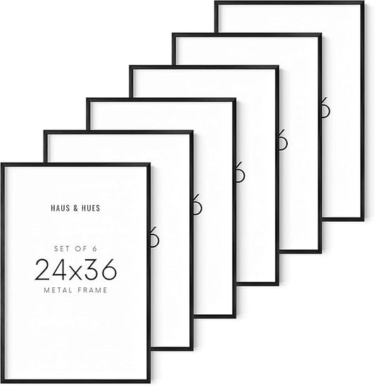 HAUS AND HUES 24x36 Black Metal Picture Frames - Features Premium Aluminum, Vertical & Horizontal Hang, Shatterproof Plexiglass - Ideal for Home, Room, Office (24x36 in, Black, Set of 6)