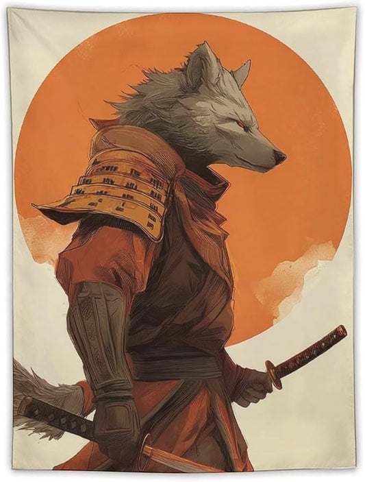 JYOUQOC Wolf Samurai Tapestry Flag Backdrop Wall Hanging Large Wall Art Decor for Dorm Office Bedroom Living Room 60"×80"