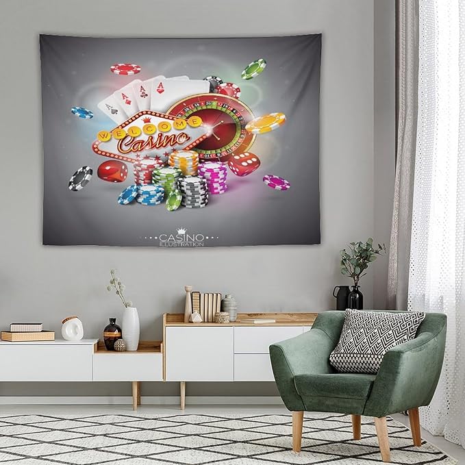 Poker Tournament Tapestry Wall Hanging Casino Colorful Chips And Cards Dice And Roulette Tapestries Home Decor for Living Room Bedroom Farmhouse Apartment Dorm 60"x80"