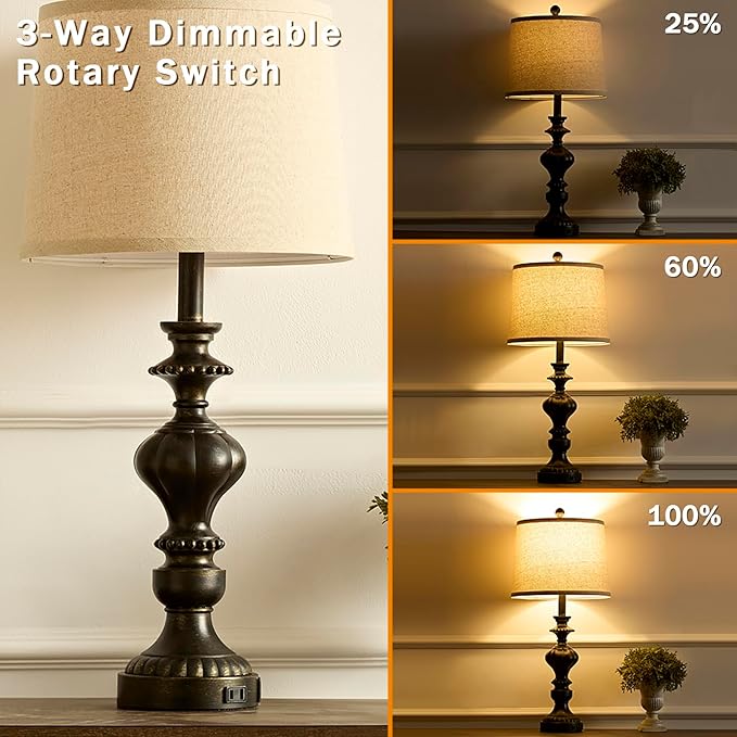 27.5" Farmhouse Table Lamps Set of 2 Bedside Nightstand Lamp with USB C+A Ports & AC Outlet, 3 Way Dimmable Touch Lamps for Bedroom Living Room Office Rustic Lamp (Rotary Switch-Black)