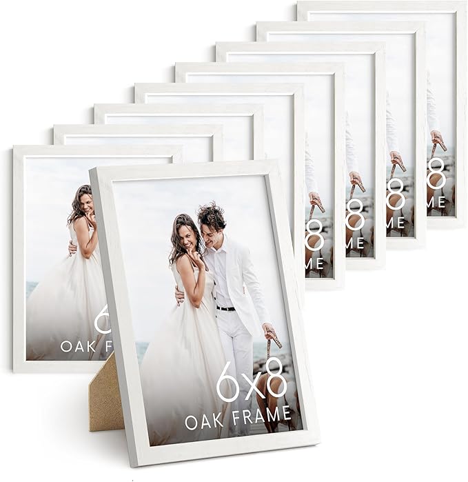 HAUS AND HUES White Oak Wood 6x8 Picture Frames - Set of 9, Premium Frames with Plexiglass (6x8 in, White)