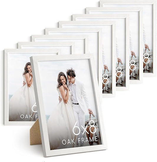 HAUS AND HUES White Oak Wood 6x8 Picture Frames - Set of 9, Premium Frames with Plexiglass (6x8 in, White)