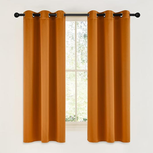 NICETOWN Room Darkening Cafe Satin Curtains for Small Windows, 42" Wide by 63" Long, 2 Panels, Orange, Grommet Privacy Faux Silk Blackout Drapes for Bedroom