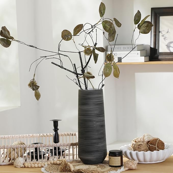 ALMA 13 inch Tall Black Vase Home Decor Trends for 2025, Large Grey Vase for Centerpieces Fits for Mid Century Modern Decor, Ceramic Floor Vases for Black Bathroom, Dining Table, Living Room