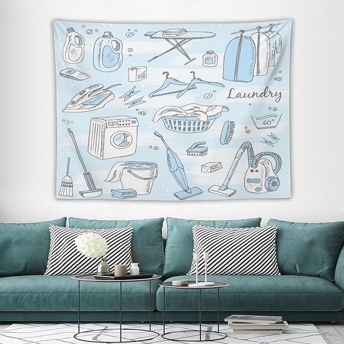 ZhiRain Laundry Room Tapestry Wall Hanging Blue Laundry Theme Tapestries Home Decor for Living Room Bedroom Farmhouse Apartment Dorm 60"x80"