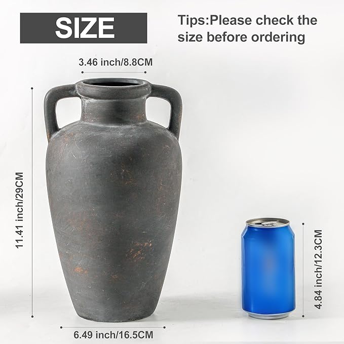 Rustic Ceramic Vase - 11.41 inch Tall Vase for Centerpieces, Boho Decor Decorative Vases with 2 Handles for Home Decor, Terracotta Vases for Farmhouse Living Room Shelf Table