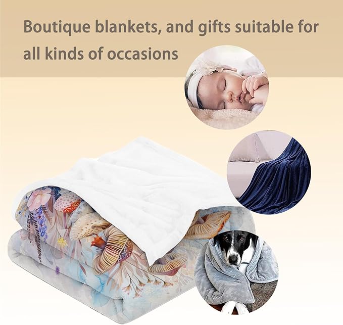 Watercolor Mushroom Blanket - Soft, Cozy, Lightweight Flannel Throw Blankets for Couch, Bed, Travel, Fluffy Decor Perfect for Outdoor Use and Home Decor, for Adults Women Boys Girls 50×40 in