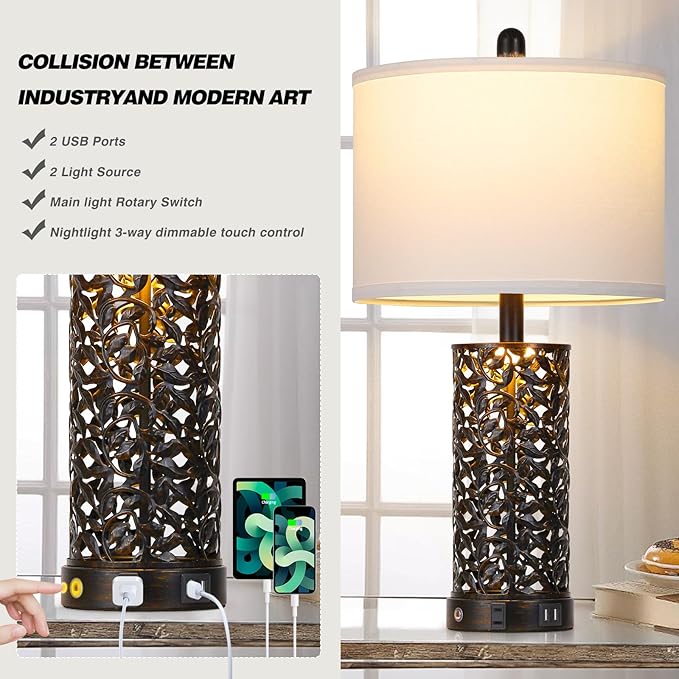 Vintage Lamp for Living Room Set of 2,Rustic Retro Bedside Nightstand Lamps with 2 USB Ports & AC Outlet,Touch Control Industrial Desk Lamp for Bedroom Entryway,Black with Bronze Bruch