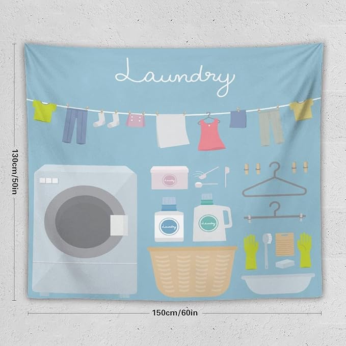 ZhiRain Laundry Room Tapestry Wall Hanging Blue Cartoon Wash Dry Fold Tapestries Home Decor for Living Room Bedroom Farmhouse Apartment Dorm 50"x60"