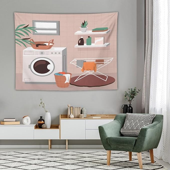 ZhiRain Laundry Tapestry Wall Hanging Laundry Room Wash Dry Fold Repeat Tapestries Home Decor for Living Room Bedroom Farmhouse Apartment Dorm 60"x80"
