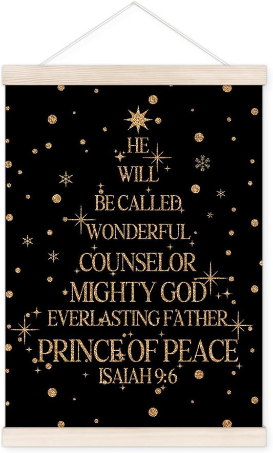 Christian Christmas Tree Poster Hanger with Wood Frame, Religious Christian Xmas Wall Art Decor for Home, Black and Gold Bible Verse Christmas Tree Posters for Bedroom Church Decor, 12x16 Inch