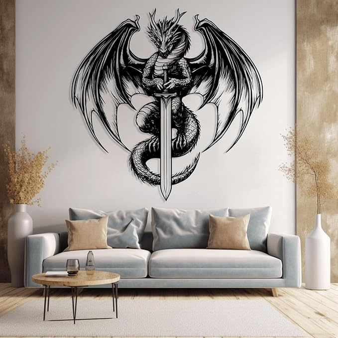 Metal Dragon Wall Decor, Dragon With Sword Metal Wall Art, West Dragon Metal Wall Hanging, Unique Wall Decor, Mythology Wall Art, Modern Room Wall Art, Home Wall Decor (Silver, 24"x24"|60x60cm)