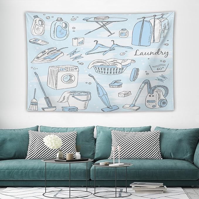 ZhiRain Laundry Room Tapestry Wall Hanging Blue Laundry Theme Tapestries Home Decor for Living Room Bedroom Farmhouse Apartment Dorm 40"x60"