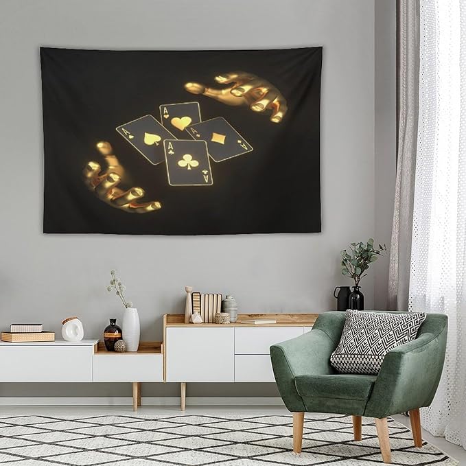 ZhiRain Poker Theme Tapestry Wall Hanging Modern Black Gold Playing Cards Art Printed Tapestries Home Decor for Living Room Bedroom Farmhouse Apartment Dorm 40"x60"