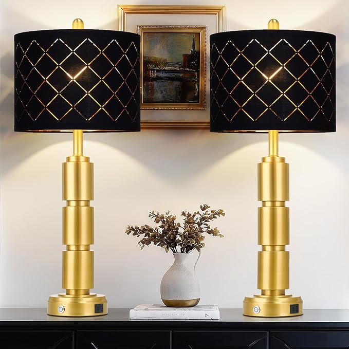 Set of 2 Modern Table Lamps for Living Room Bedroom,29" Tall Bedside Lamp with 2 USB Port,Gold Metal Touch Nightstand Lamp with Black Grid Shade for End Table Entryway,Gold
