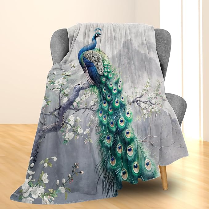Peacock Blanket - Soft, Cozy, Lightweight Flannel Throw Blankets for Couch, Bed, Travel, Fluffy Decor Perfect for Outdoor Use and Home Decor, Flowers Design for Adults Women Girls 80×60 in