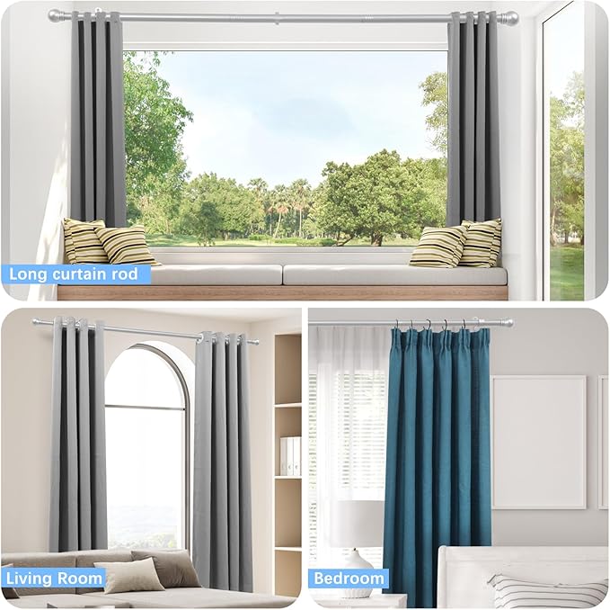 Curtain Rods for Windows 16 to 76 Inches, Curtain Rod Max Adjustable Length of 88 IN, 6/8" Diameter Drapery Rods Round Finials, Satin Silver, Pack of 1