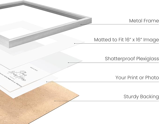 HAUS AND HUES 20x20 Silver Metal Picture Frame Matted to 16x16 - Premium Aluminum with Hanging Hardware, Shatterproof Plexiglass - Ideal for Home or Office (20x20 in, Silver, Set of 1)
