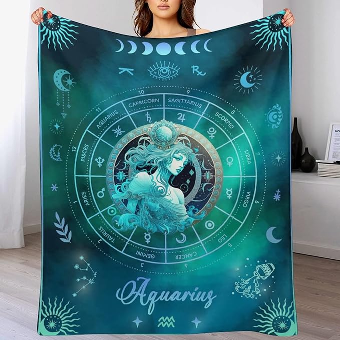 Aquarius Blanket Gifts, 50" x 40" Rectangular Flannel Zodiac Throw Blanket Cozy, Gift for Boys Girls Teen Women Men Tarot Cards Lovers Birthday Anniversary Festival