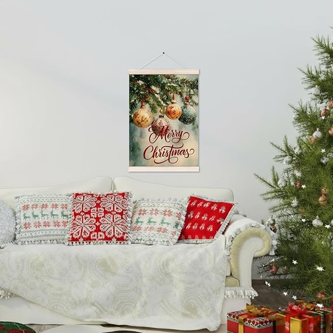 Merry Christmas Poster Hanger with Wood Frame, Winter Christmas Ornaments Bauble Ball Wall Art Decor for Home, Cottagecore Winter Xmas Posters for Bedroom Living Room Decor, 12x16 Inch