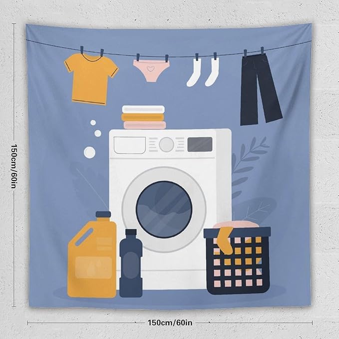 ZhiRain Laundry Room Tapestry Wall Hanging Simple Drawn Wash Dry Fold Repeat Tapestries Home Decor for Living Room Bedroom Farmhouse Apartment Dorm 60"x60"