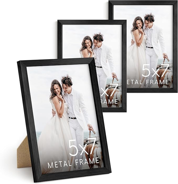 HAUS AND HUES 5x7 Black Metal Picture Frames - 5X7 Photo Frames - Features Premium Aluminum, Vertical Hanging, Easel Back for Tabletop, Home, Office (5x7 in, Black, Set of 3)