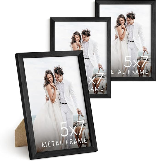 HAUS AND HUES 5x7 Black Metal Picture Frames - 5X7 Photo Frames - Features Premium Aluminum, Vertical Hanging, Easel Back for Tabletop, Home, Office (5x7 in, Black, Set of 3)