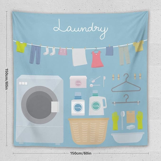 ZhiRain Laundry Room Tapestry Wall Hanging Blue Cartoon Wash Dry Fold Tapestries Home Decor for Living Room Bedroom Farmhouse Apartment Dorm 60"x60"