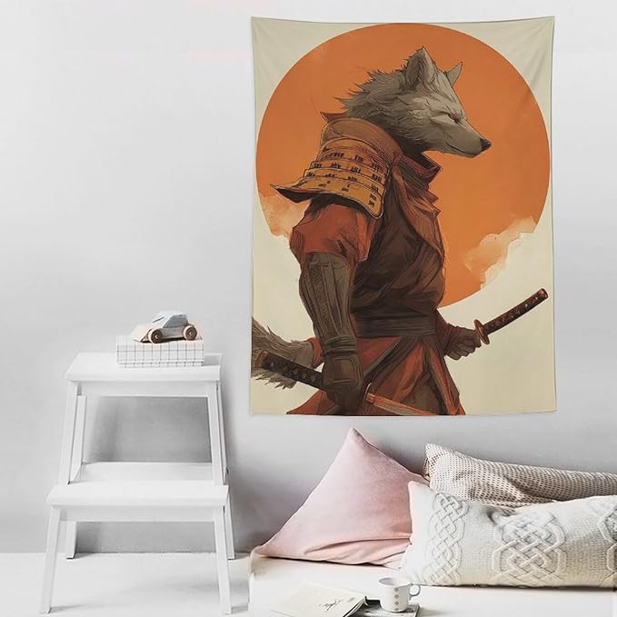 JYOUQOC Wolf Samurai Tapestry Flag Backdrop Wall Hanging Large Wall Art Decor for Dorm Office Bedroom Living Room 60"×80"