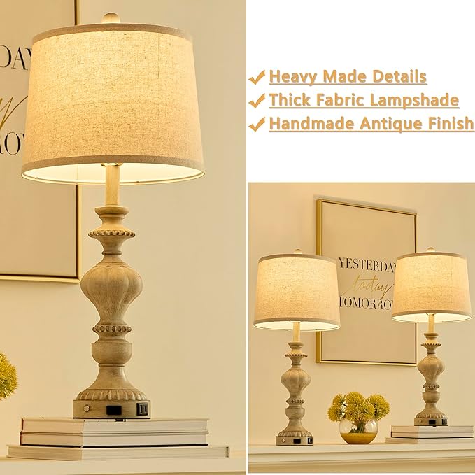 27.5" Farmhouse Table Lamps Set of 2 Bedside Nightstand Lamp with USB C+A Ports & AC Outlet, 3 Way Dimmable Touch Lamps for Bedroom Living Room Office Rustic Lamp (Gray)