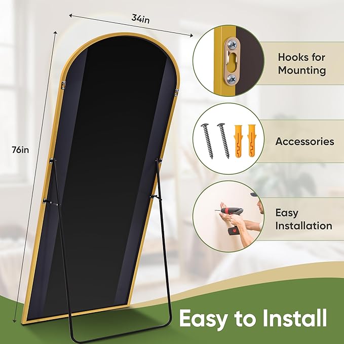 Full Length Mirror, 76"x34" Arched Full Body Mirror, Floor Mirrors with Stand, Body Mirrors Standing Hanging Leaning Against Wall,Aluminum Frame Mirrors for Bedroom Cloakroom,Living Room,Gold