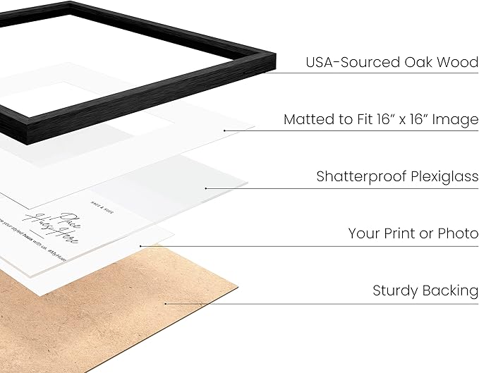 HAUS AND HUES Black Oak Wood 20x20 Picture Frame Matted to 16x16 - Square Frame with Plexiglass, Contemporary Frame for Wall Display (20x20 in, Black, Set of 1)