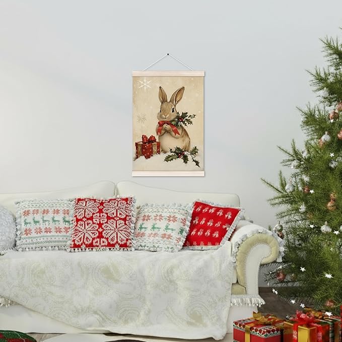 Vintage Christmas Bunny Poster Hanger with Wood Frame, Winter Christmas Bunny Wall Art Decor for Home, Rustic Retro Cute Xmas Rabbit Posters for Bedroom Living Room Decor, 12x16 Inch