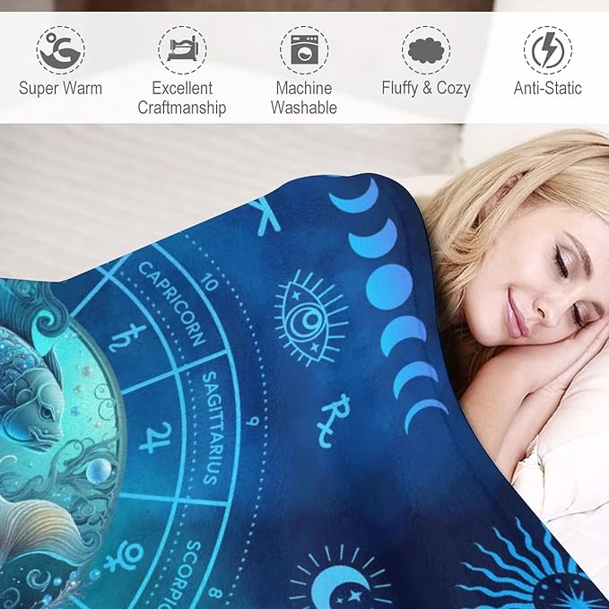 Custom Pisces Blanket Gifts, 50" x 40" Rectangular Flannel Zodiac Throw Blanket Cozy, Personalized Gift for Boys Girls Teen Women Men Tarot Cards Lovers Birthday Anniversary Festival