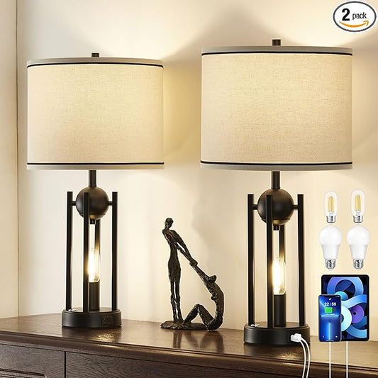 25'' Farmhouse Table Lamps for Living Room Set of 2 with USB C+A Ports, Vintage Bedside Lamp for Bedroom, Touch Lamps for Nightstand, Dual Lights Independent Switch, 4 Bulbs Included, Black