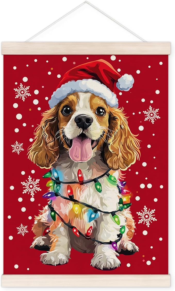 Funny Christmas Cocker Spaniel Poster Hanger with Wood Frame, Christmas Dog Wall Art Decor for Home, Cocker Spaniel Gifts for Women, Xmas Dog Posters for Bedroom Living Room Decor, 12x16 Inch