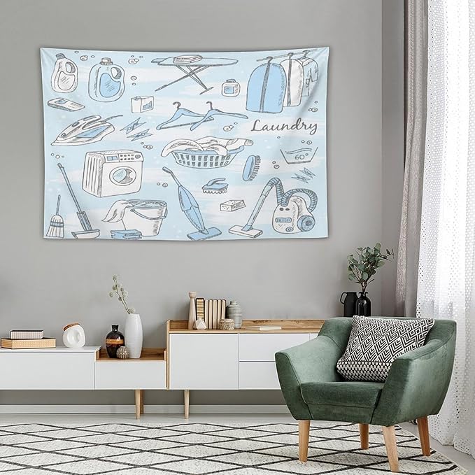 ZhiRain Laundry Room Tapestry Wall Hanging Blue Laundry Theme Tapestries Home Decor for Living Room Bedroom Farmhouse Apartment Dorm 40"x60"