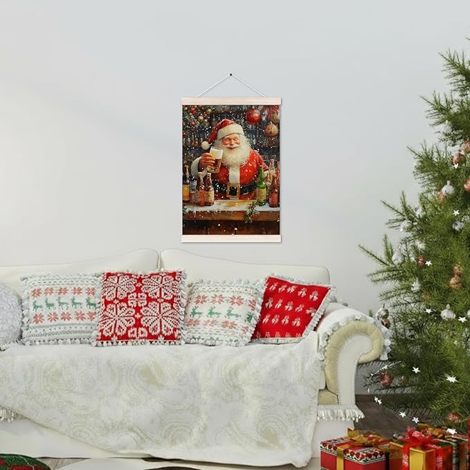 Funny Christmas Santa Bar Poster Hanger with Wood Frame, Winter Christmas Wall Art Decor for Home Bar Cart, Winter Holiday Xmas Santa Posters for Kitchen Dining Room Xmas Party Decor, 12x16 Inch