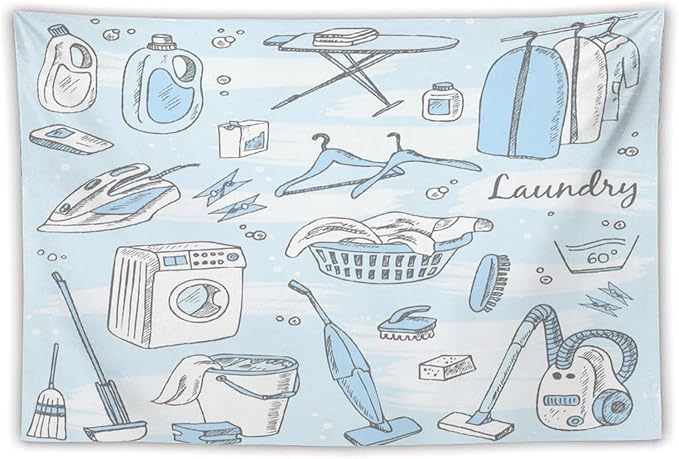 ZhiRain Laundry Room Tapestry Wall Hanging Blue Laundry Theme Tapestries Home Decor for Living Room Bedroom Farmhouse Apartment Dorm 40"x60"