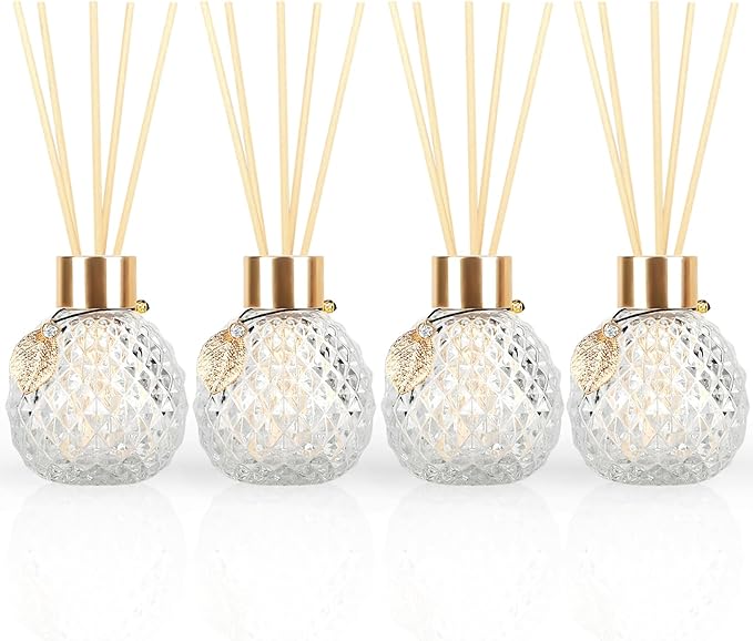 4Pcs Reed Diffuser Set with Metal Golden Decoration, 3.5oz Empty Reed Diffuser Bottles with 20Pcs Reed Diffuser Sticks, Unique Design Bottles for Home and Office(Spiky Ellipsoidal)