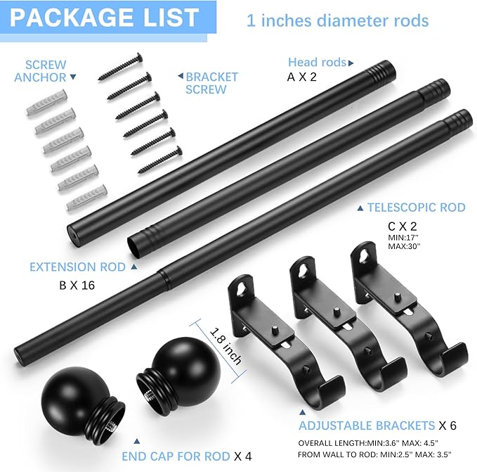 Curtain Rods for Windows 16 to 150 Inches, Curtain Rod Max Adjustable Length of 160 IN, 1" Diameter Drapery Rods Round Finials, Black, Pack of 2