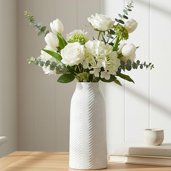 hjn White Vase for Flowers Ceramic Vase for Decor, Modern Decorative Tall Vases for Your Kitchen/Office/Living Room/Bookshelf/Mantel - White Texture(Medium