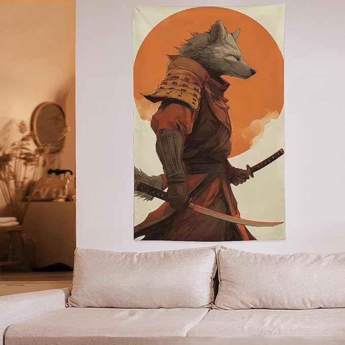 JYOUQOC Wolf Samurai Tapestry Large Wall Art Decor Wall Hanging Flag Backdrop for Living Room Dorm Office Bedroom 60"×90"