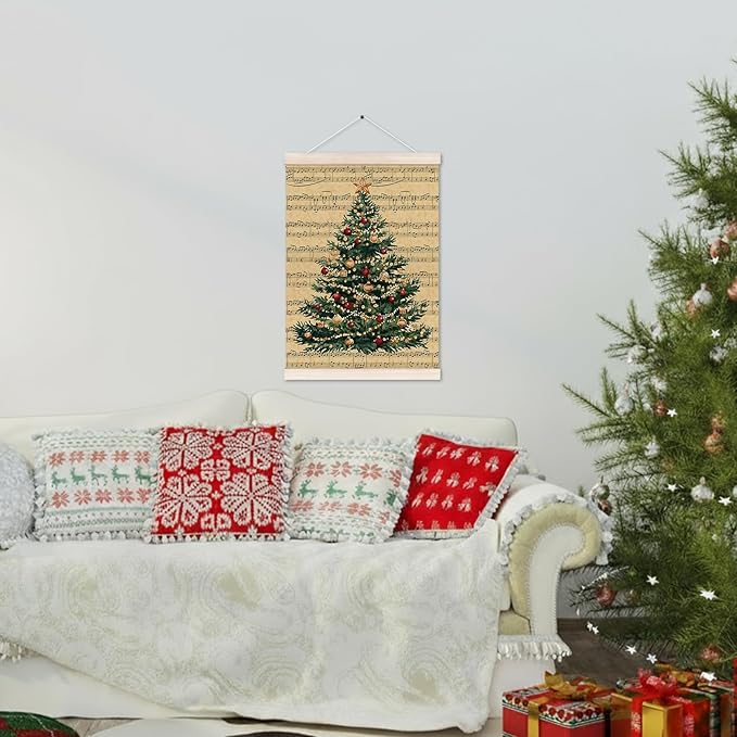 Vintage Christmas Tree Poster Hanger with Wood Frame, Retro Christmas Music Sheet Wall Art Decor for Home, Farmhouse Rustic Winter Xmas Tree Posters for Bedroom Living Room Decor, 12x16 Inch