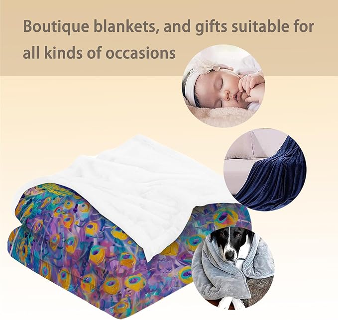 Peacock Blanket - Soft, Cozy, Lightweight Flannel Throw Blankets for Couch, Bed, Oil Painting Design, Fluffy Decor Perfect for Outdoor Use and Home Decor, for Adults Women Girls 60×50 in