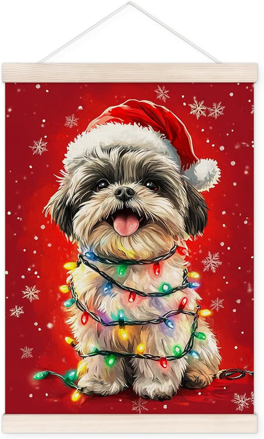 Funny Christmas Shih Tzu Poster Hanger with Wood Frame, Christmas Dog Wall Art Decor for Home, Shih Tzu Gift for Women, Xmas Shihtzu Posters for Bedroom Living Room Decor, 12x16 Inch