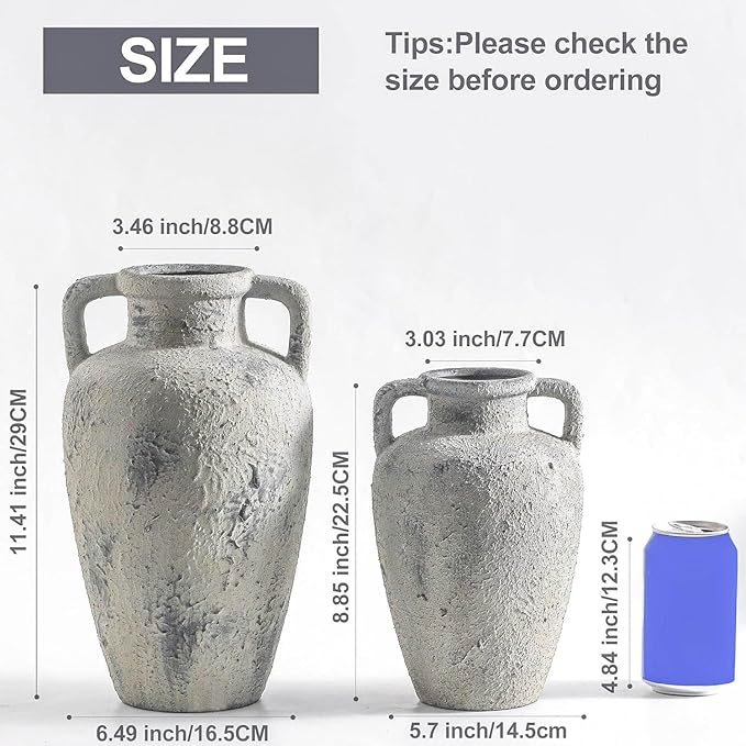 Large Ceramic Rustic Vase, 11.41 inch Tall Terracotta Flower Vase with 2 Handles, Decorative Vases for Home Decor, Dining Table, Living Room, Kitchen, Office