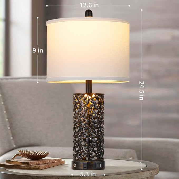Vintage Lamp for Living Room Set of 2,Rustic Retro Bedside Nightstand Lamps with 2 USB Ports & AC Outlet,Touch Control Industrial Desk Lamp for Bedroom Entryway,Black with Bronze Bruch