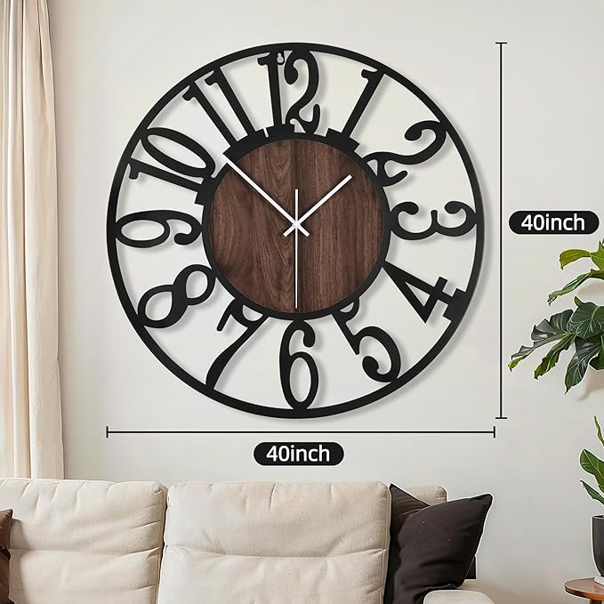 Maxstar Large Round Wall Clock for Living Room Decor Battery Operated Non Ticking Black Metal Wood Clocks for Home Living Room Garden Office Kitchen Decoration -40inch