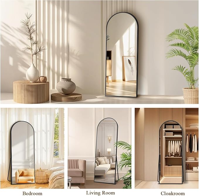 58"x18" Full Length Mirror with Stand, Shatterproof Arched Floor Mirror, Aluminum Alloy Thin Frame - Freestanding/Leaning/Wall Mount for Bedroom, Living Room & Entryway (Black)